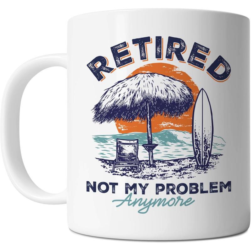 Tailorly White Ceramic 11 oz Mug - Retired Not My Problem Anymore Tropical Coastline Under An Orange Sun With A Surfboard And Shady Umbrella Beach