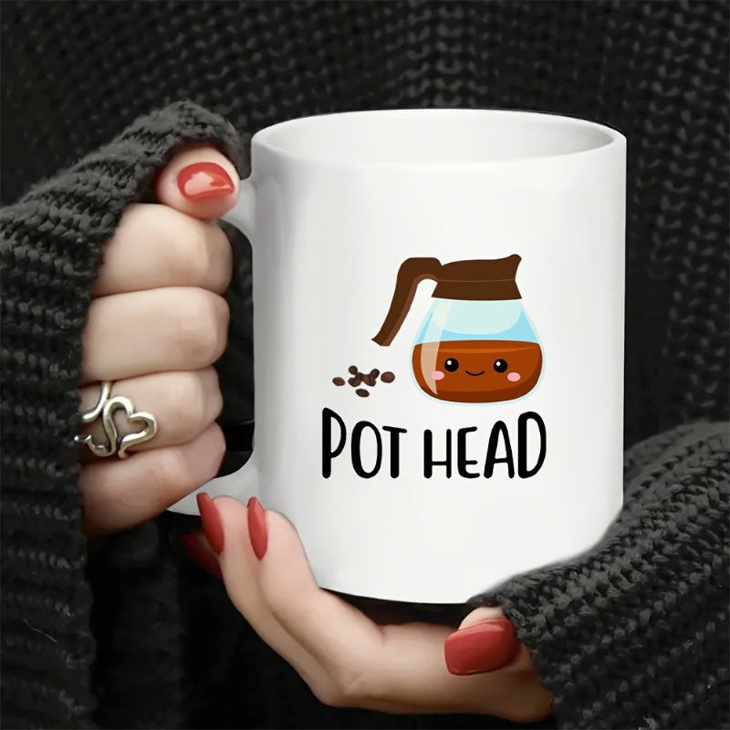 Tailorly White Ceramic 11 oz Mug - Pot Head Cute Minimalist Style Coffee Carafe With Small Scattered Brown Beans Coffee Pot