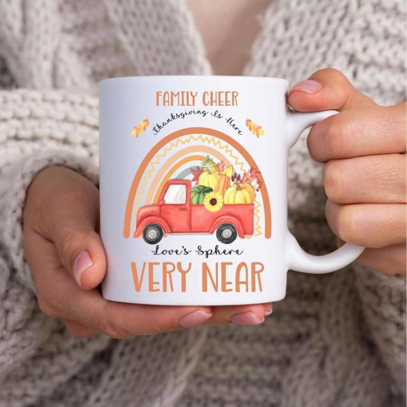 Tailorly White Ceramic 11 oz Mug - Family Cheer Thanksgiving Is Here Loves Sphere Very Near Rustic Red Pickup Truck Carrying Harvest Pumpkins Under Soft Rainbow