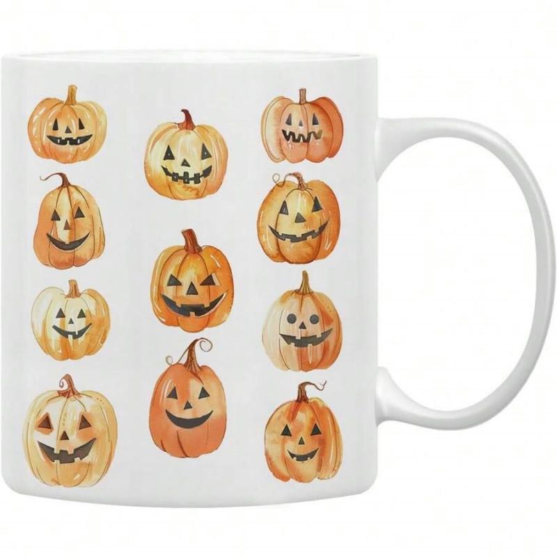 Tailorly White Ceramic 11 oz Mug - Festive Watercolor Halloween Harvest With Spooky Smiling Faces Hand Painted Pumpkin
