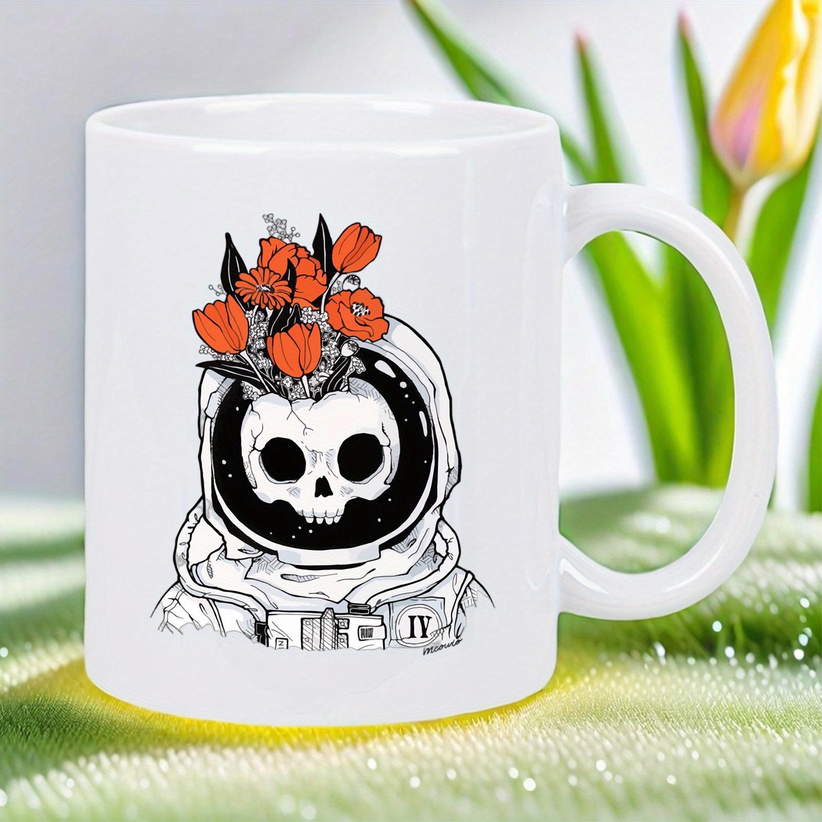 Tailorly White Ceramic 11 oz Mug - IV Intricate Space Suit With Skull And Vibrant Orange Flowers Growing Out Helmet Astronaut