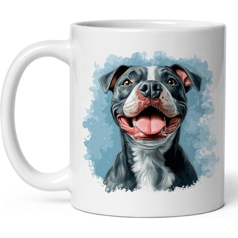 Tailorly White Ceramic 11 oz Mug - Artistic Watercolor Splash Background Featuring Happy Smiling Face Breed Pit Bull