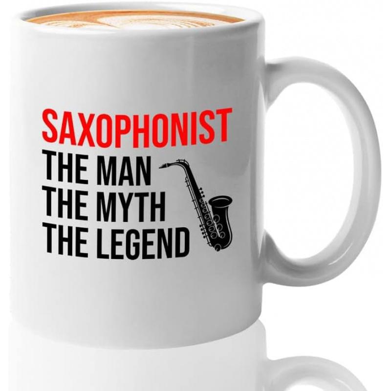 Tailorly White Ceramic 11 oz Mug - Saxophonist The Man The Myth The Legend Elegant Black Musical Instrument Silhouette With Smooth Graceful Curves And Details