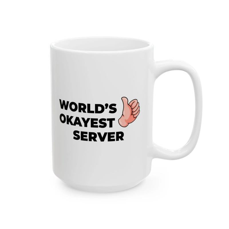 Tailorly White Ceramic 11 oz Mug - Worlds Okayest Server Funny Cartoon Illustration Showing A Friendly Thumbs Up Gesture Hand