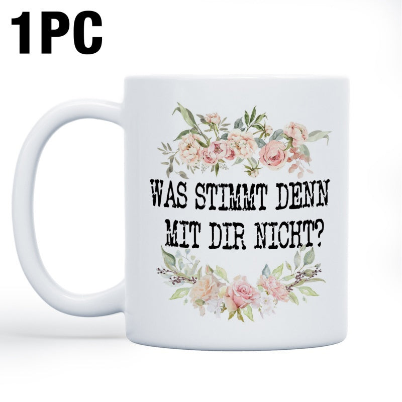 Tailorly White Ceramic 11 oz Mug - Soft Watercolor Roses Surrounded By Green Leaves In A Circular Frame Flower