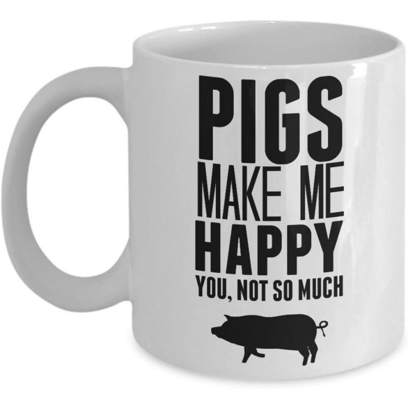 Tailorly White Ceramic 11 oz Mug - Pigs Make Me Happy You Not So Much Simple Minimalist Solid Black Animal Silhouette Standing On Surface Pig