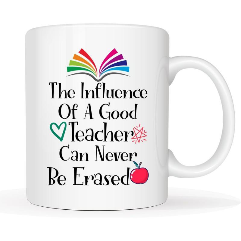 Tailorly White Ceramic 11 oz Mug - The Influence Of A Good Teacher Can Never Be Erased Rainbow Open Book With Heart And Red Apple Mug