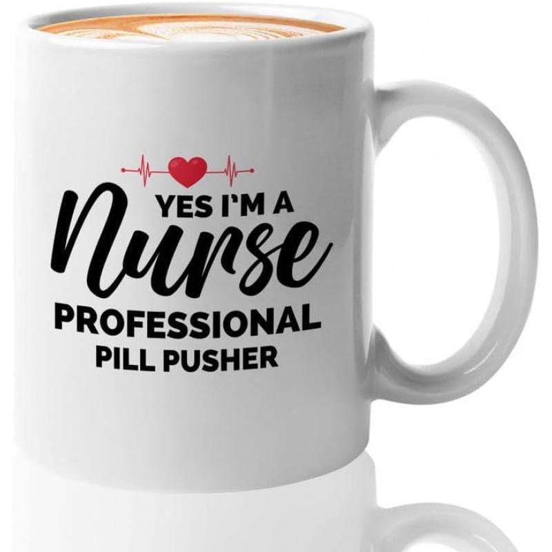 Tailorly White Ceramic 11 oz Mug - Yes I M A Nurse Professional Pill Pusher Minimalist Medical EKG Rhythm Line With Small Red Symbolic Heart Heartbeat
