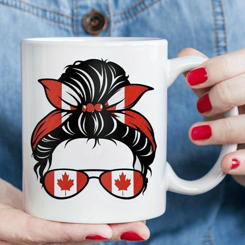 Tailorly White Ceramic 11 oz Mug - Stylish Messy Bun Wearing Sunglasses Featuring Patriotic Canadian Maple Leaf Flag Girl