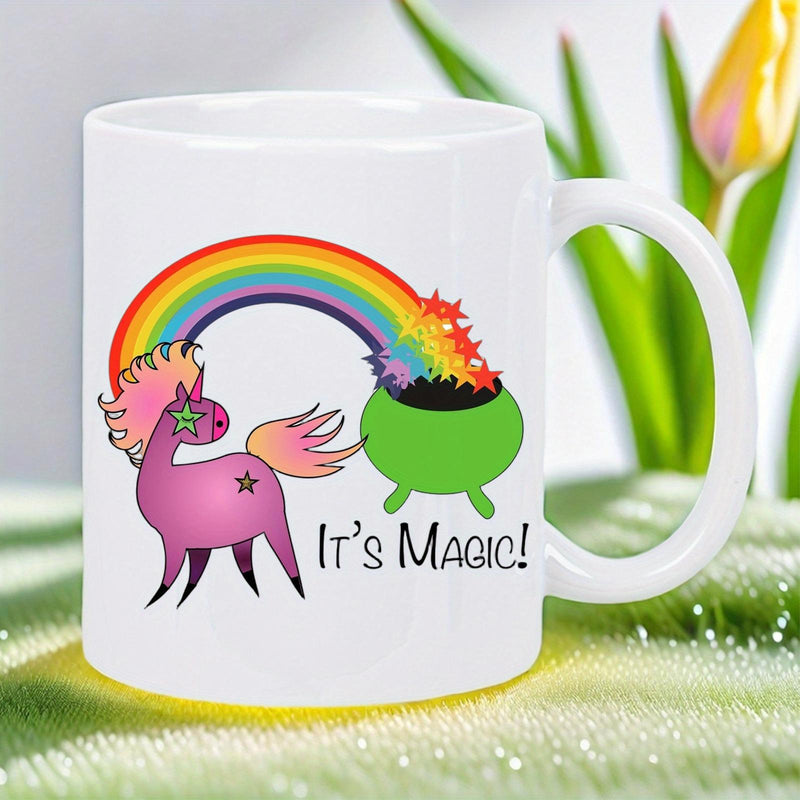 Tailorly White Ceramic 11 oz Mug - Its Magic Colorful Rainbow Streaming From A Whimsical Pink Mythical Unicorn