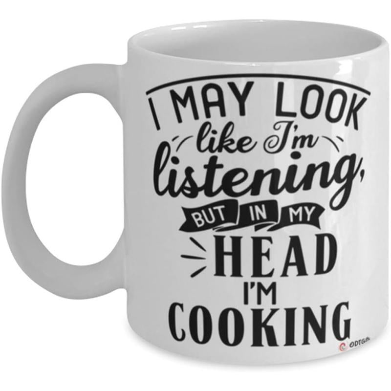 Tailorly White Ceramic 11 oz Mug - I May Look Like I'm Listening But In My Head I'm Cooking Minimalist Black Bold Typography Among Decorative Arched Ribbons And