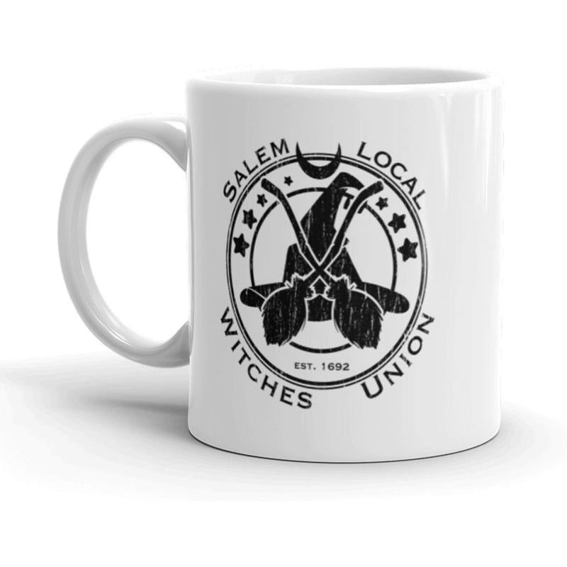 Tailorly White Ceramic 11 oz Mug - Salem Local Witches Union Est 1692 Circular Vintage Badge Featuring Crossed Wooden Brooms And Classic Pointed Witchy Hat
