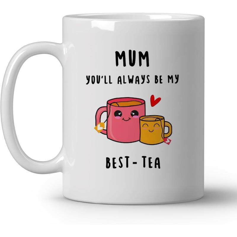 Tailorly White Ceramic 11 oz Mug - Mum Youll Always Be My Best Tea Adorable Smiling Cartoon Cups Featuring Cute Faces And Tiny Red Heart Mug