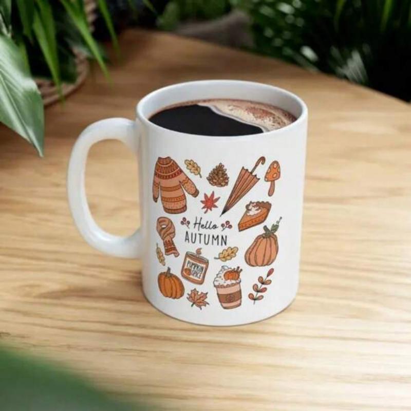 Tailorly White Ceramic 11 oz Mug - Hello Autumn Cozy Hand Drawn Elements Featuring Pumpkins Leaves And Warm Sweaters Mug