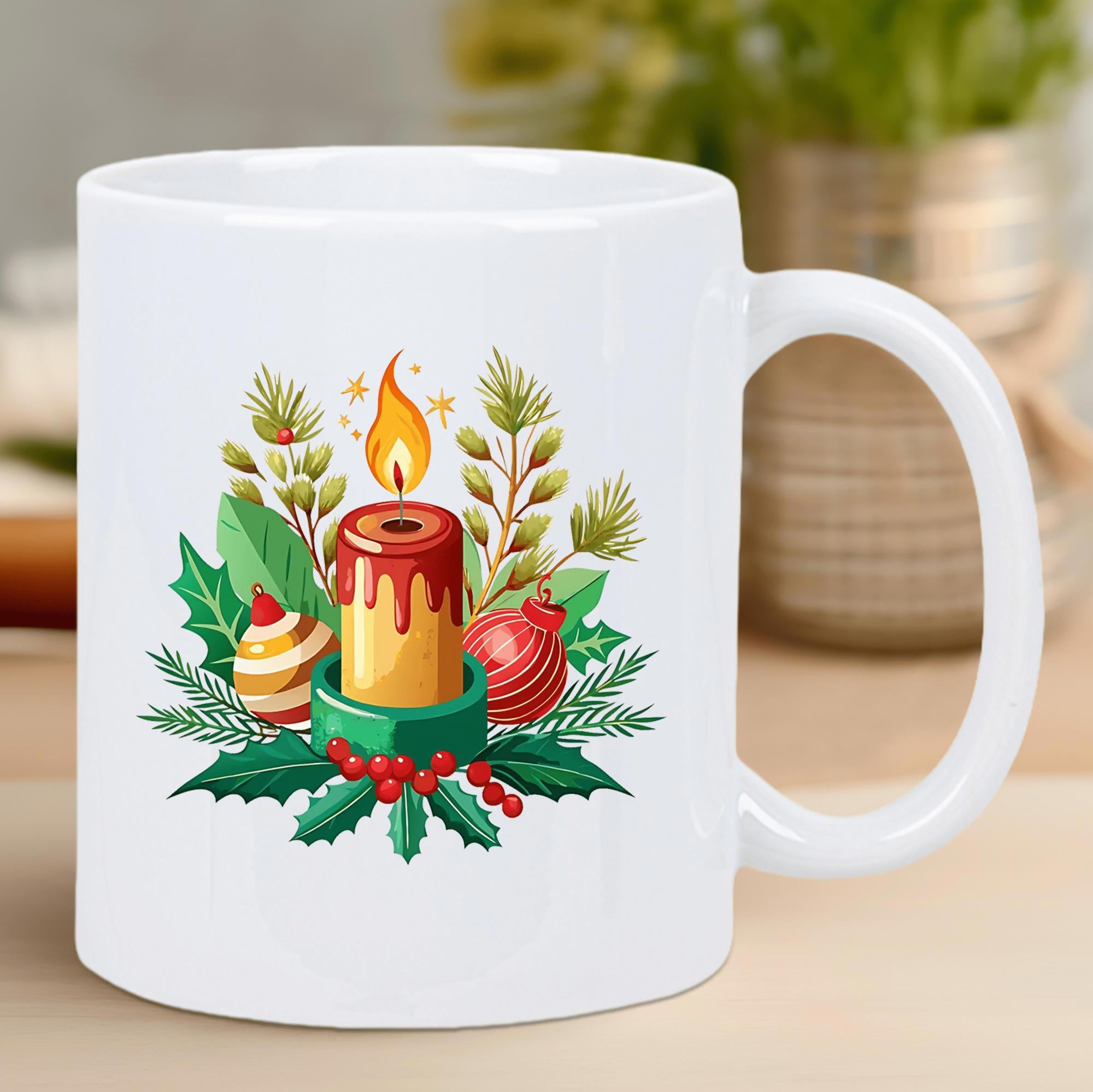 Tailorly White Ceramic 11 oz Mug - Festive Glowing Holiday Arrangement With Holly Berries And Pine Branches Candle