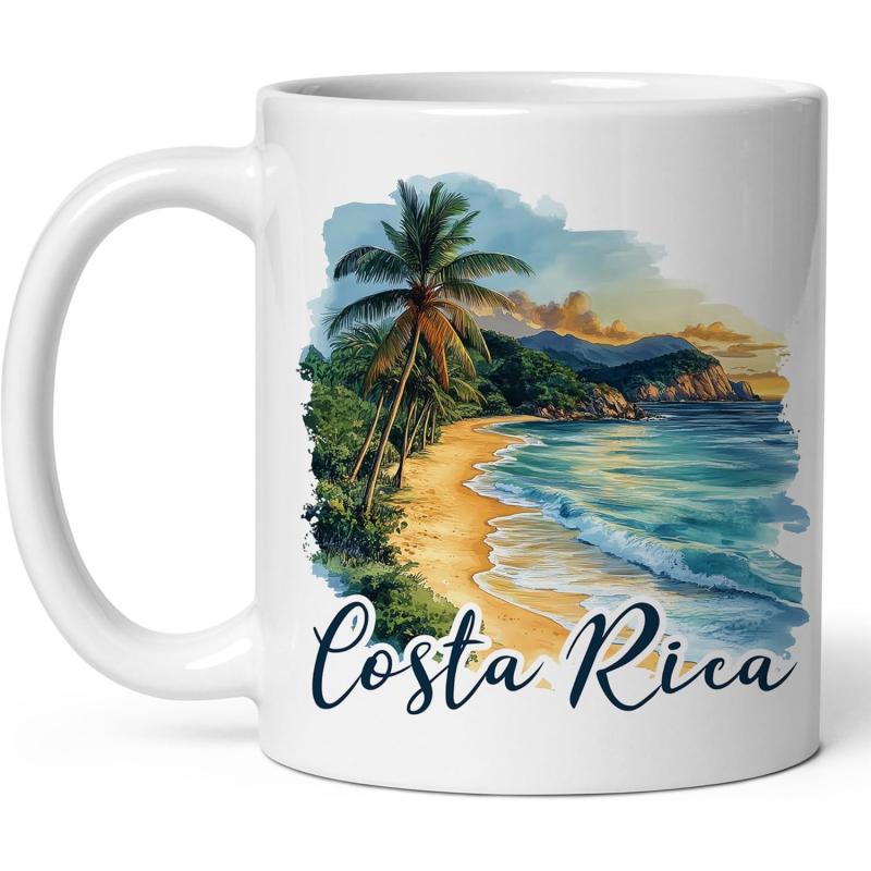 Tailorly White Ceramic 11 oz Mug - Costa Rica Tropical Palm Tree Standing On Golden Sand Beside Rolling Ocean Waves Beach