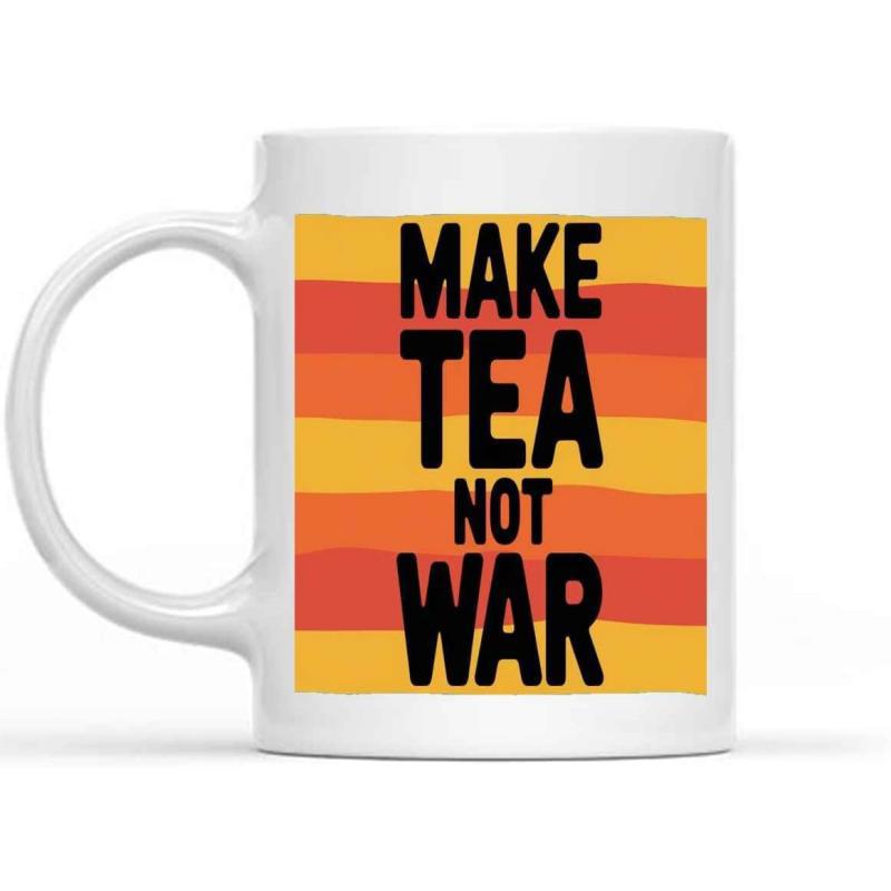 Tailorly White Ceramic 11 oz Mug - Make Tea Not War Vibrant Retro Horizontal Stripes Featuring Warm Autumnal Shades Under Bold Lettering Mug