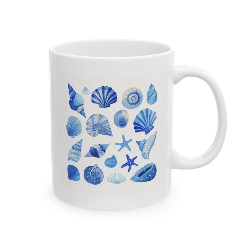 Tailorly White Ceramic 11 oz Mug - Elegant Watercolor Blue Coastal Treasures With Starfish And Ocean Themed Seashell