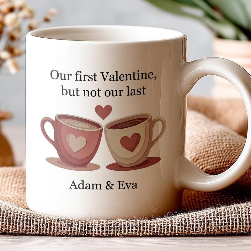 Tailorly White Ceramic 11 oz Mug - Our First Valentine But Not Our Last Adam Eva Two Small Coffee Cups With Hearts Floating In Romantic Warm Setting Mug
