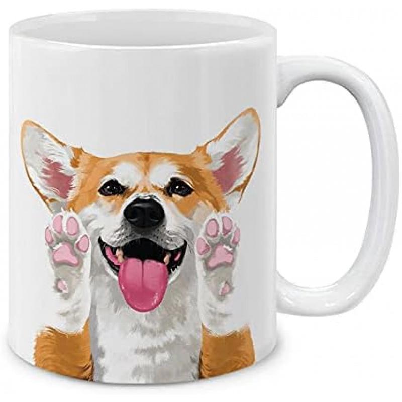 Tailorly White Ceramic 11 oz Mug - Cute Smiling Welsh Corgi Dog With Pink Paws And Tongue Out Corgi