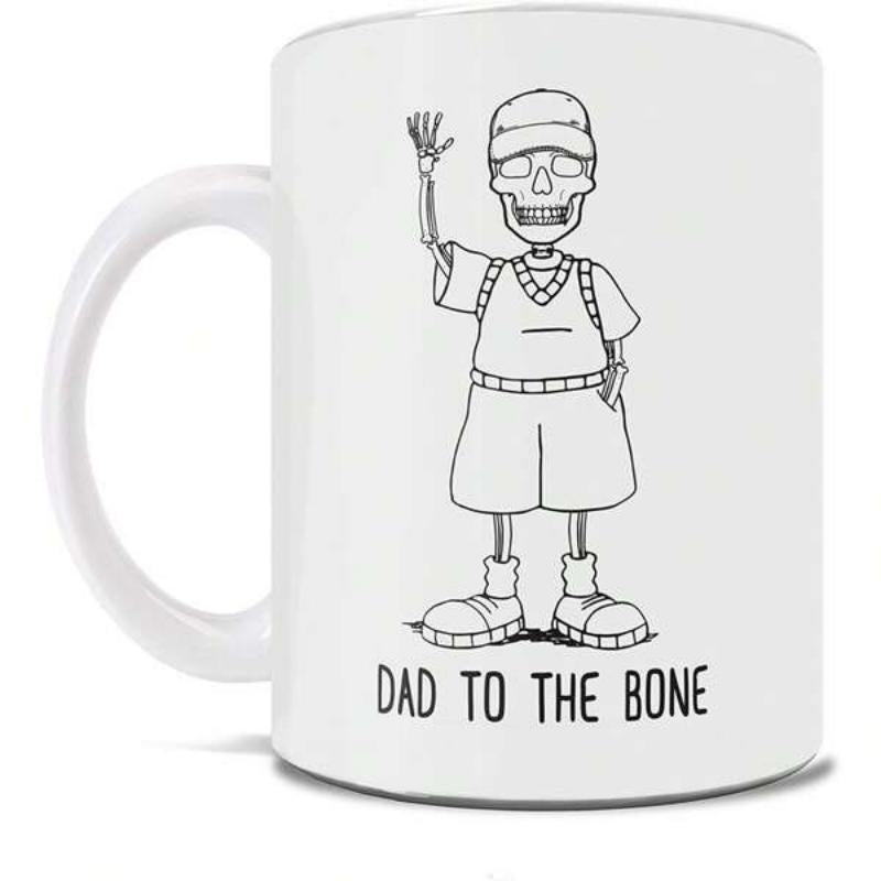 Tailorly White Ceramic 11 oz Mug - Dad To The Bone Playful Waving Figure Dressed In Casual Fatherly Attire With Sneakers Skeleton