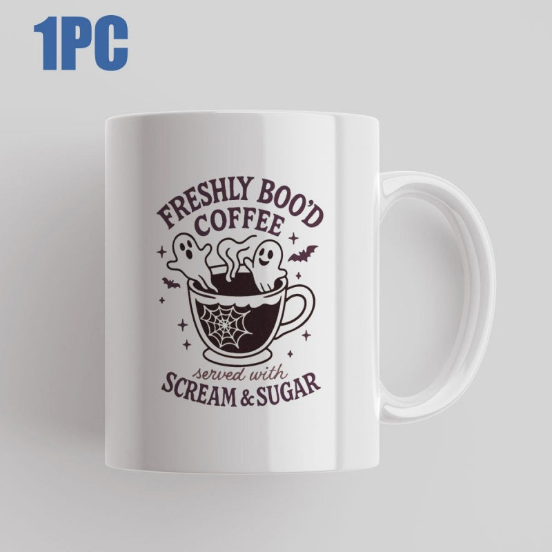 Tailorly White Ceramic 11 oz Mug - Freshly Bood Coffee Served With Scream Sugar Spooky Halloween Style Featuring Two Friendly Ghosts Emerging From Steaming Coffee
