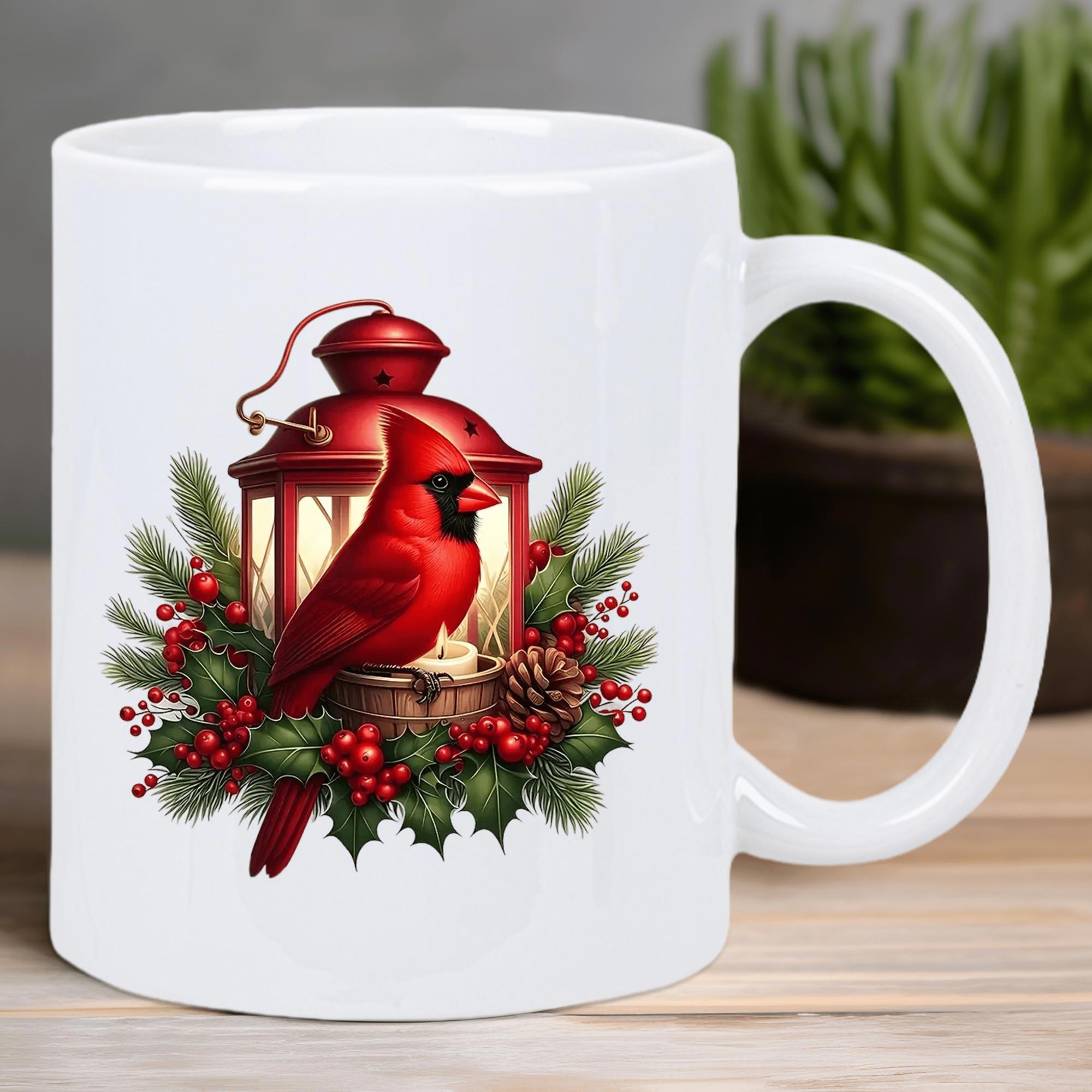 Tailorly White Ceramic 11 oz Mug - Vibrant Red Bird Perched Near Glowing Lantern Among Festive Winter Evergreen Cardinal