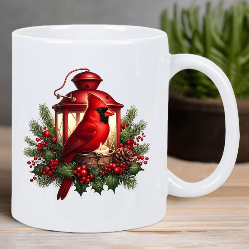 Tailorly White Ceramic 11 oz Mug - Vibrant Red Bird Perched Near Glowing Lantern Among Festive Winter Evergreen Cardinal