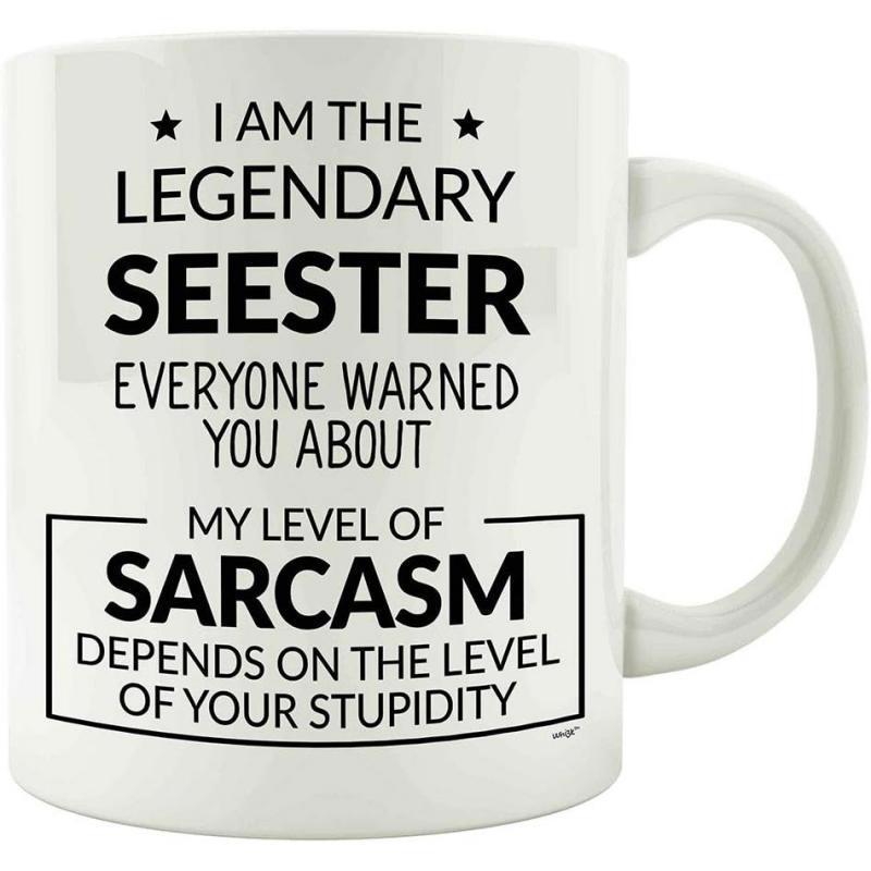 Tailorly White Ceramic 11 oz Mug - I Am The Legendary Seester Everyone Warned You About My Level Of Sarcasm Depends On The Level Of Your Stupidity Minimalist