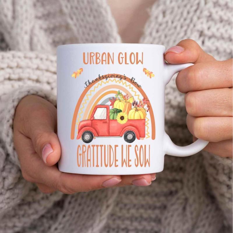 Tailorly White Ceramic 11 oz Mug - Urban Glow Thanksgiving Time Gratitude We Sow Rustic Red Pickup Truck Carrying Harvest Pumpkins And Sunflowers Under Rainbow