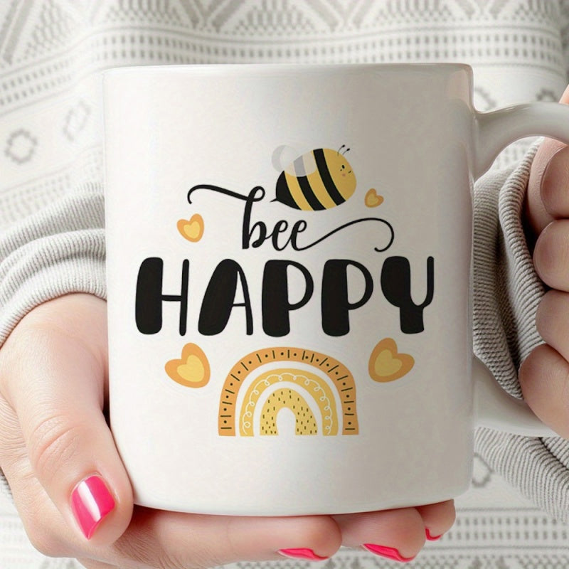 Tailorly White Ceramic 11 oz Mug - Bee Happy Cartoon Bumblebee Flying Above A Golden Patterned Rainbow With Hearts Bee
