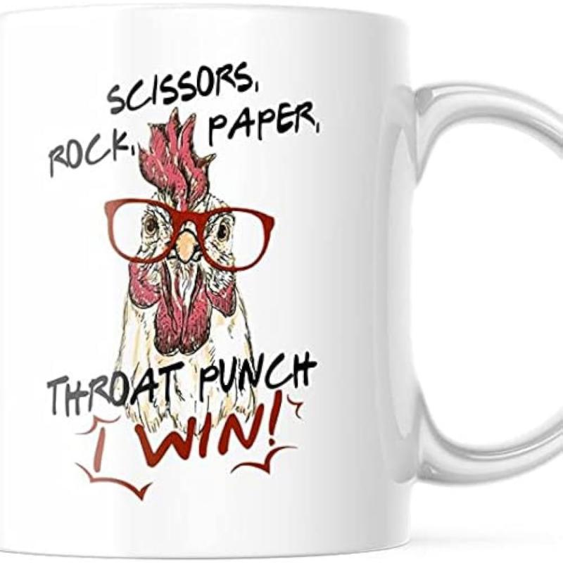 Tailorly White Ceramic 11 oz Mug - Scissors Rock Paper Throat Punch I Win Funny Chicken Wearing Red Glasses Surrounded By Bold Humorous Slogan Chicken