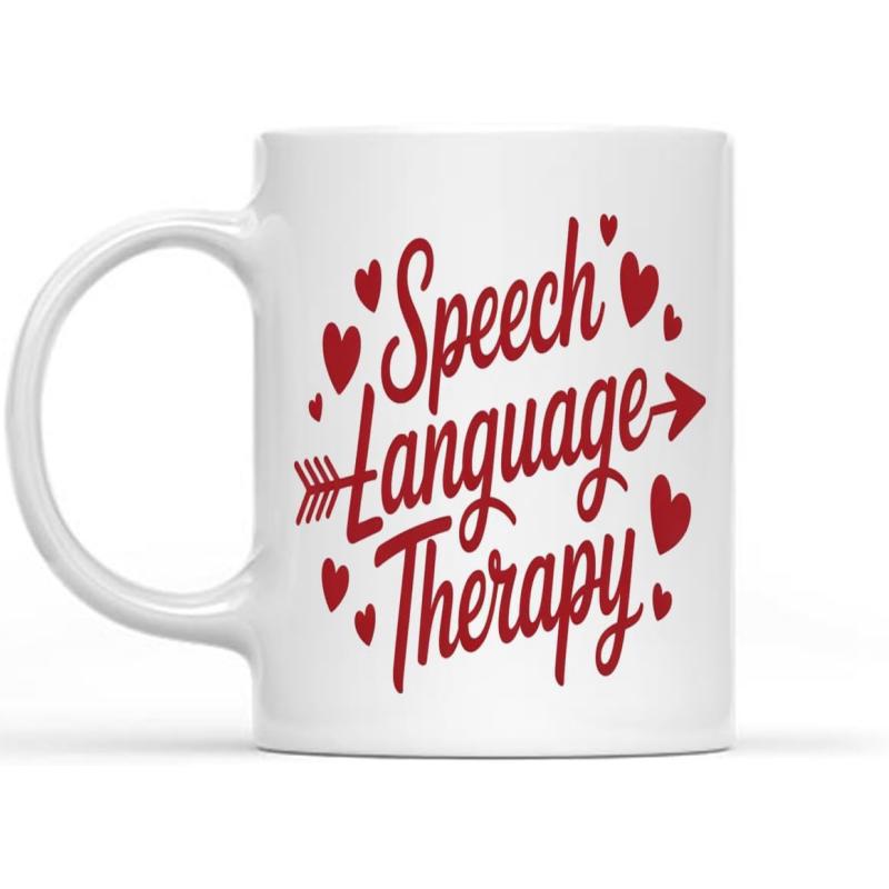 Tailorly White Ceramic 11 oz Mug - Speech Language Therapy Decorative Red Hearts And Arrows Surrounding Elegant Script Lettering Heart