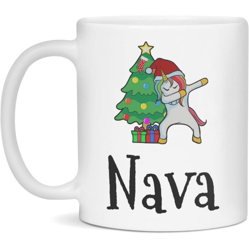 Tailorly White Ceramic 11 oz Mug - Nava Festive Holiday Tree With Colorful Gifts And Dancing Dabbing Unicorn