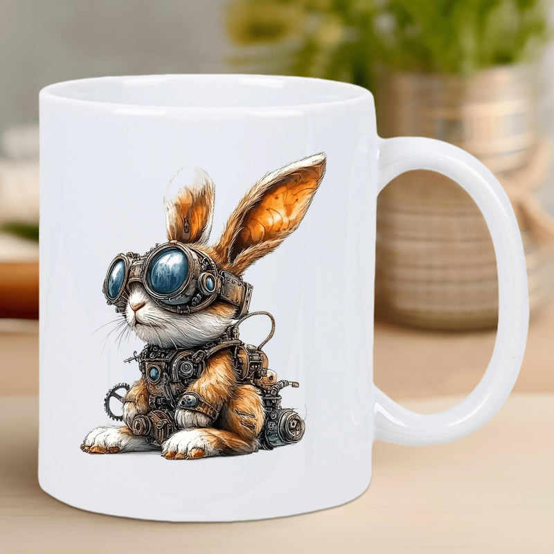Tailorly White Ceramic 11 oz Mug - Mechanical Gear Wearing Vintage Style Goggles On A Fluffy Brown Rabbit