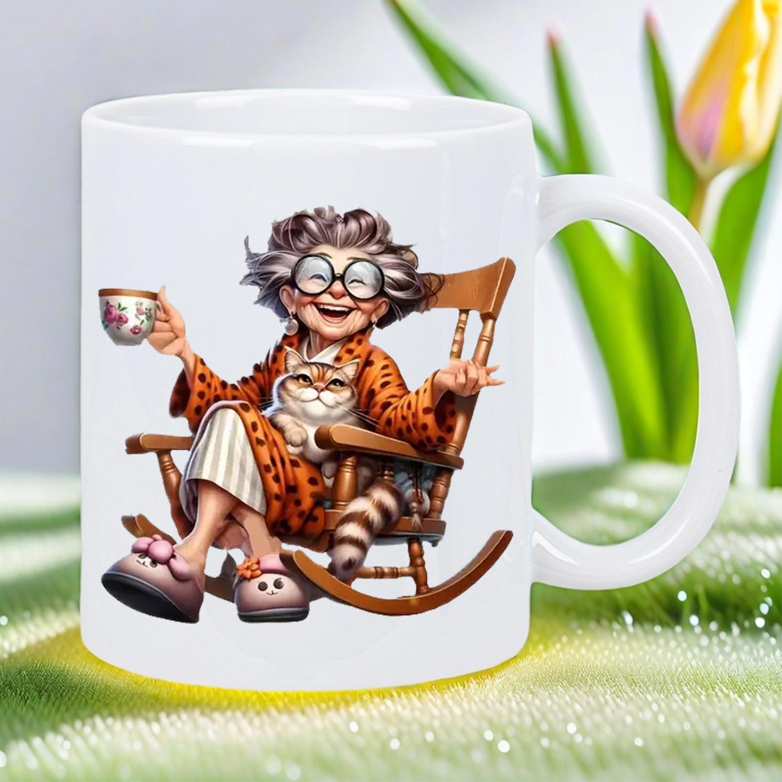 Tailorly White Ceramic 11 oz Mug - Smiling Whimsical Elderly Lady In Rocking Chair Holding Her Teacup And Cat Grandmother