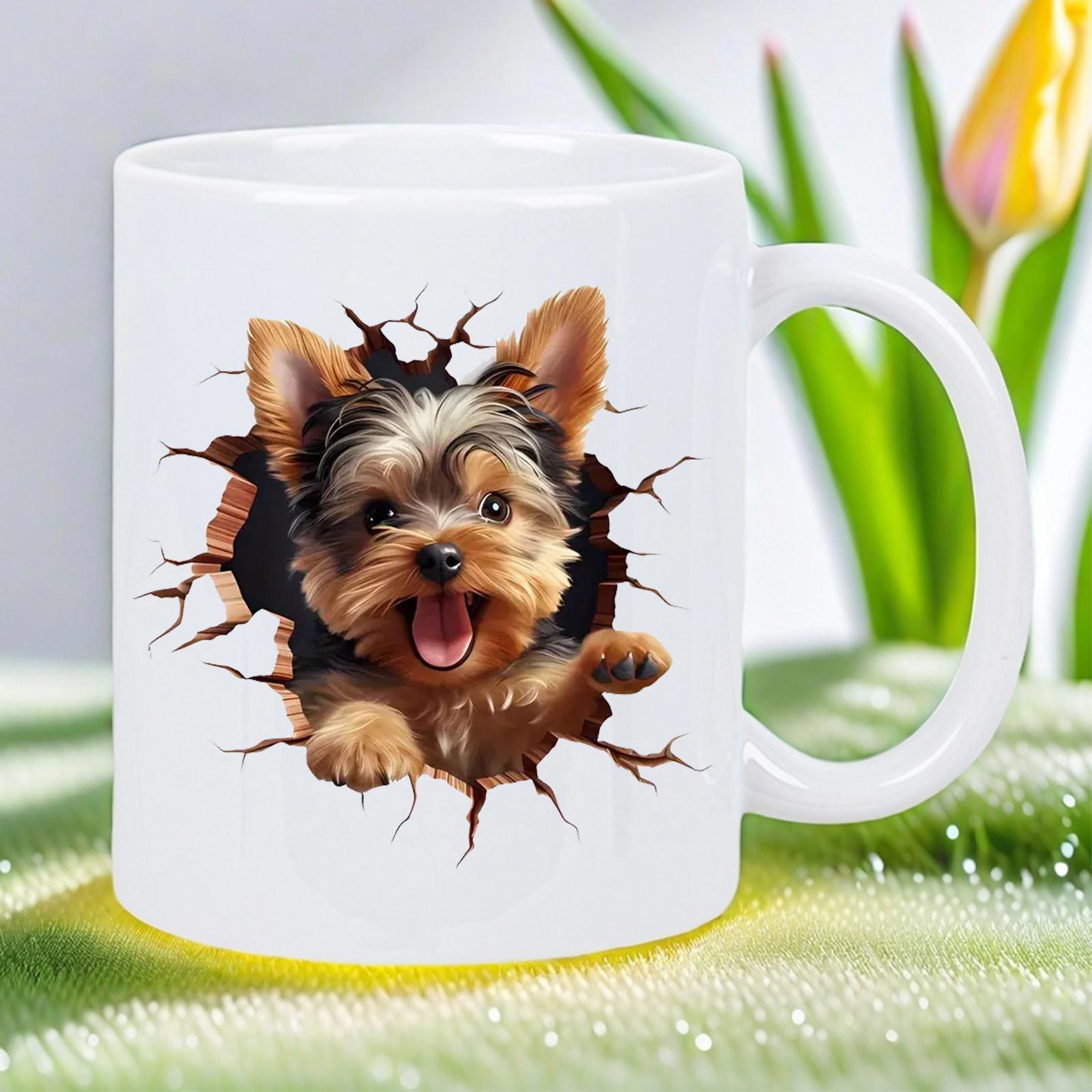 Tailorly White Ceramic 11 oz Mug - Adorable Puppy Peeking Through A Realistic Cracked Hole In The Wall Yorkshire Terrier