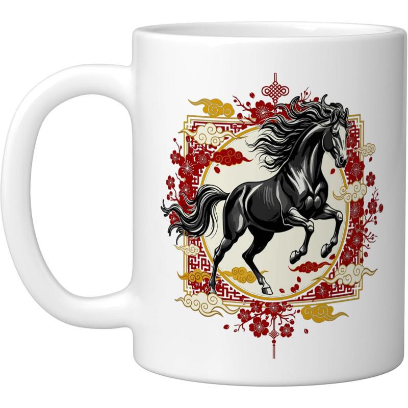 Tailorly White Ceramic 11 oz Mug - Majestic Black Galloping Among Red Blossoms And Golden Clouds Horse