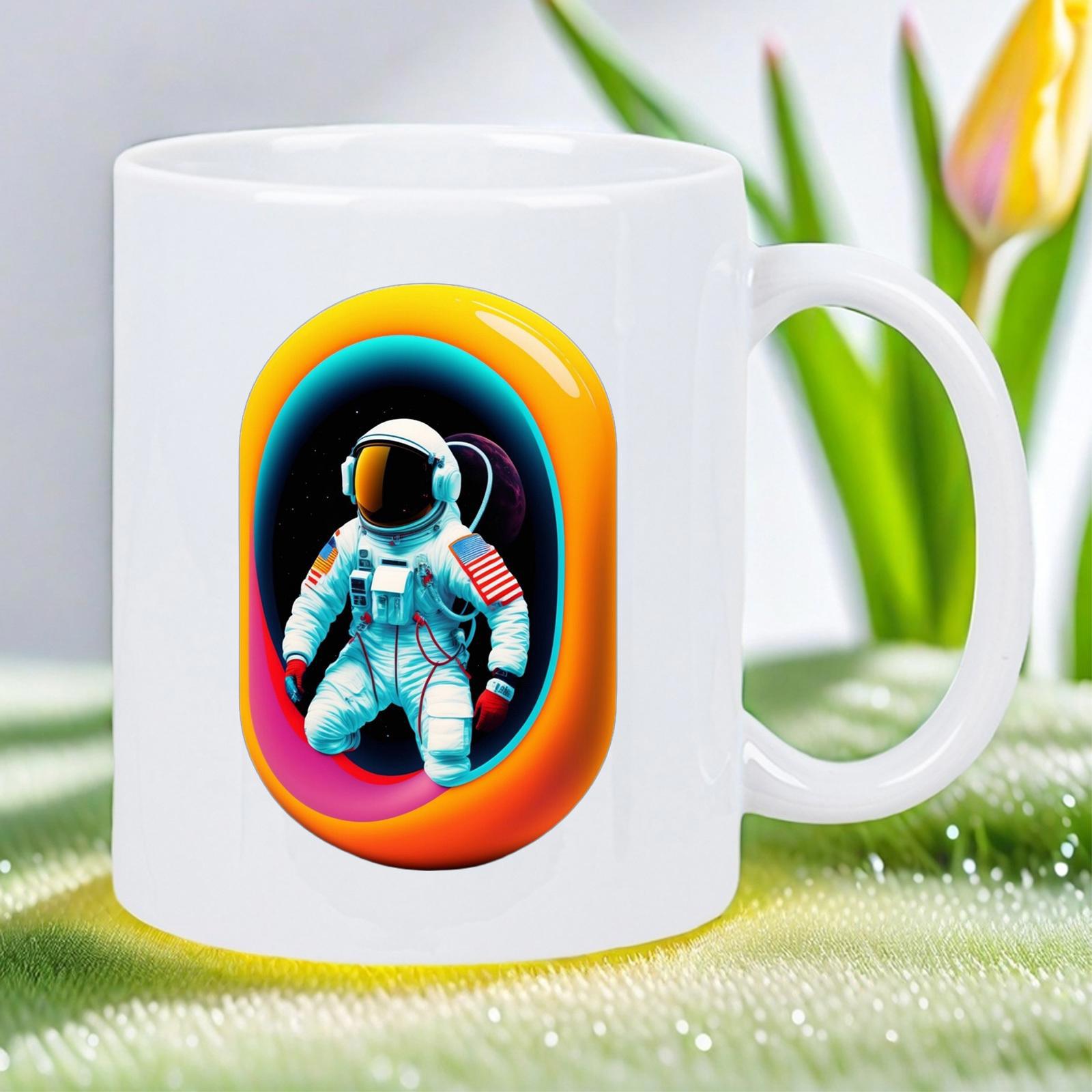 Tailorly White Ceramic 11 oz Mug - Brave Explorer Floating In A Vibrant Cosmic Portal Through Deep Galactic Space Astronaut