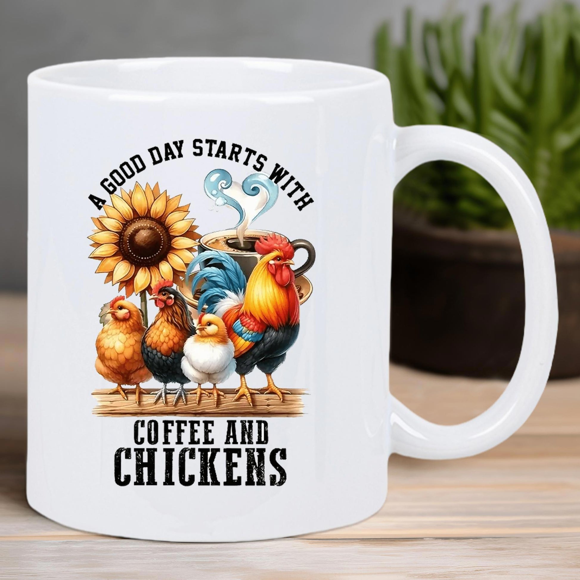 Tailorly White Ceramic 11 oz Mug - A Good Day Starts With Coffee And Chickens Colorful Farm Chickens Gathering Under A Large Bright Yellow Sunflower Rooster