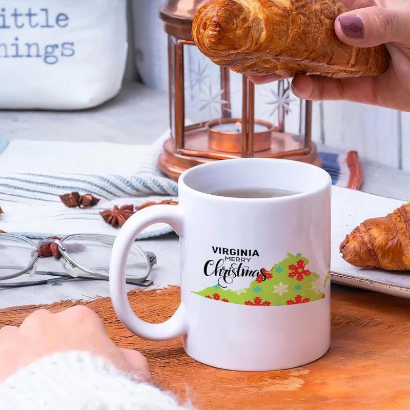 Tailorly White Ceramic 11 oz Mug - Virginia Christmas Vibrant State Outline With Red Floral Patterns And Festive Seasonal Decor Map