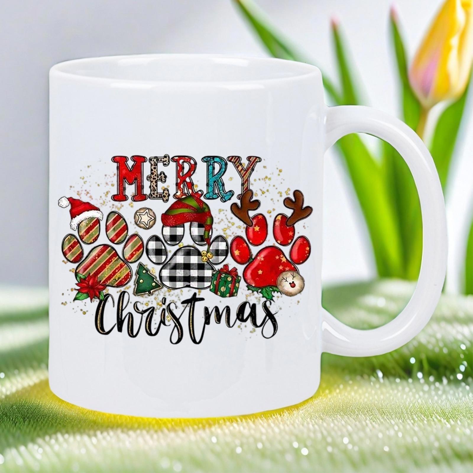 Tailorly White Ceramic 11 oz Mug - Merry Christmas Festive Holiday Animal Tracks With Santa Hats And Antlers Paw Print