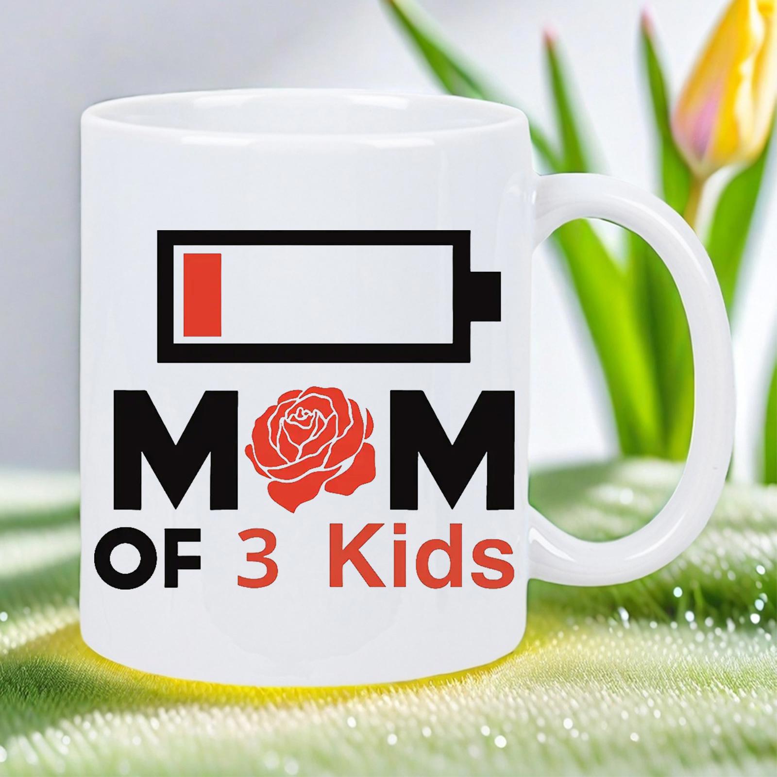Tailorly White Ceramic 11 oz Mug - Mom Of 3 Kids Minimalist Low Battery Symbol With Blooming Red Floral Rose Petal Detail Sign