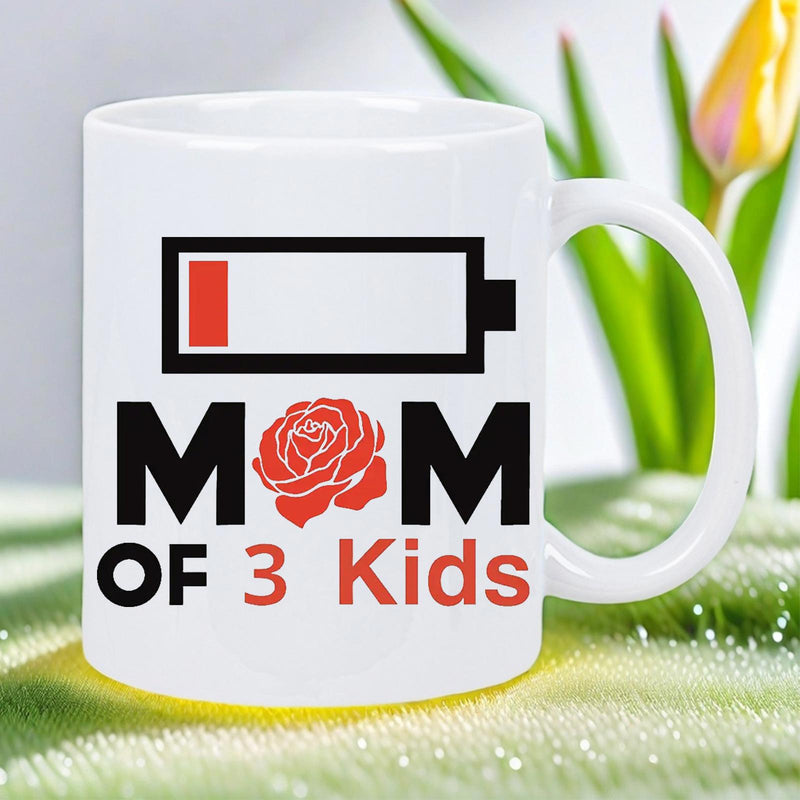 Tailorly White Ceramic 11 oz Mug - Mom Of 3 Kids Minimalist Low Battery Symbol With Blooming Red Floral Rose Petal Detail Sign