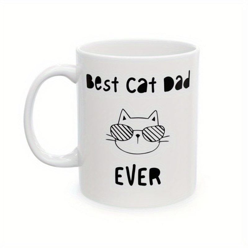 Tailorly White Ceramic 11 oz Mug - Best Cat Dad Ever Simple Minimalist Outlined Feline Portrait Wearing Trendy Striped Sunglasses Cat