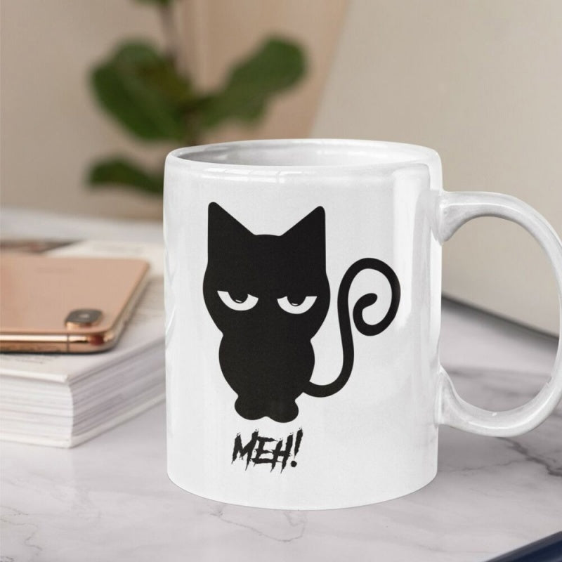 Tailorly White Ceramic 11 oz Mug - Meh Simple Black Cat Graphic With Curly Tail And Grumpy Facial Expression Cat