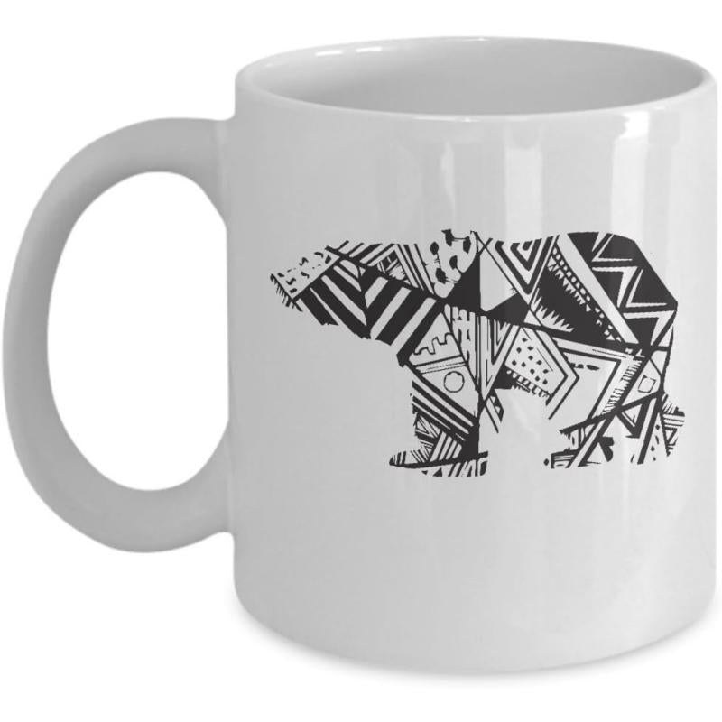 Tailorly White Ceramic 11 oz Mug - Stylized Geometric Tribal Patterns Inside A Walking Arctic Wildlife Bear