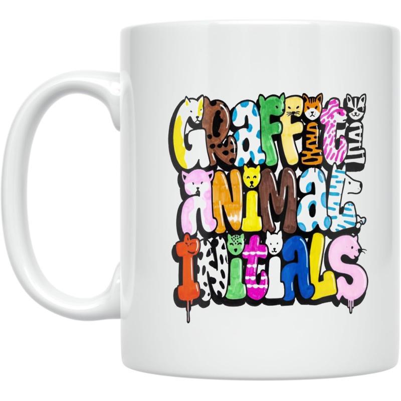 Tailorly White Ceramic 11 oz Mug - Graffiti Animal Initials Vibrant Street Art Letters Featuring Colorful Animal Textures And Dripping Paint Alphabet
