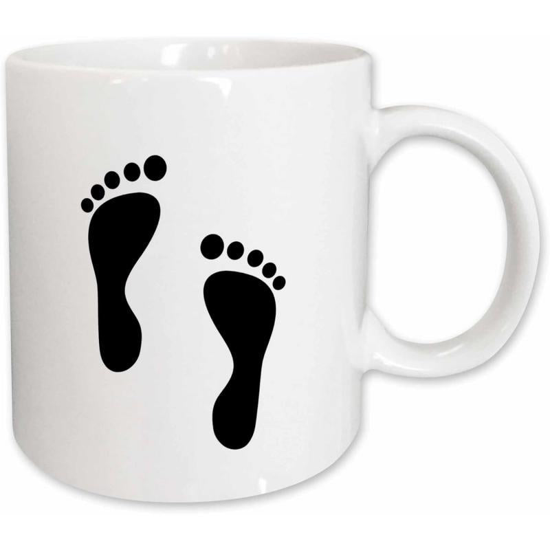 Tailorly White Ceramic 11 oz Mug - Minimalist Black Silhouette Human Footprints Walking Across A Pure White Surface Footprints