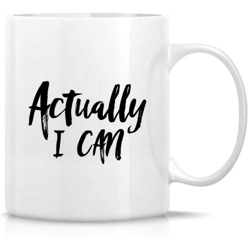 Tailorly White Ceramic 11 oz Mug - Actually I Can Elegant White Ceramic Vessel With Bold Black Brush Script Lettering Minimalist Mug